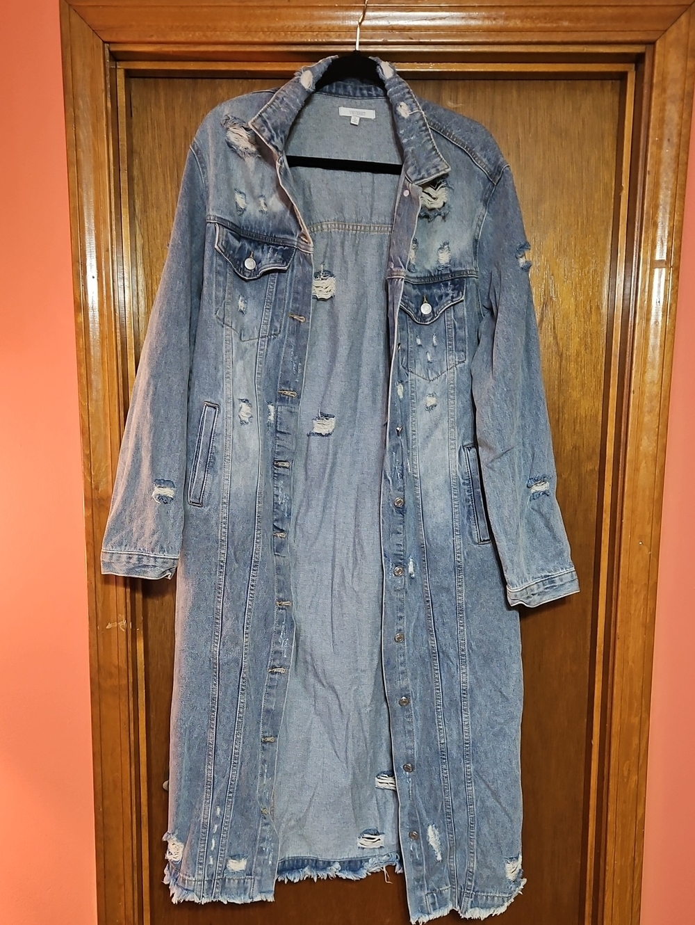 Veveret Long Distressed Denim Jacket Womens Large